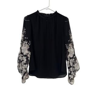 White House Black Market High Neck Floral Sheer Sleeve Blouse Top Size XS